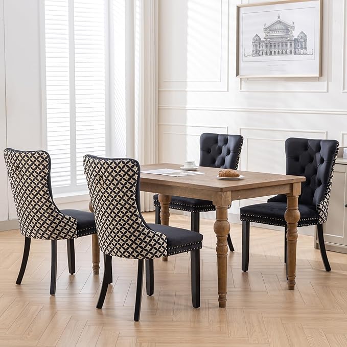 Velvet Dining Chairs Set of 6, High-end Tufted Upholstered Dining Chair with Back Ring Pull, Nailhead Trim and Solid Wood Legs, Modern Dining Room Chairs for Dining Room, Black &Patterned