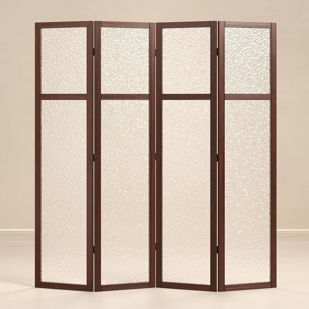 Svimi Acrylic Room Divider, Frosted 4-Panel Folding Screen, Walnut