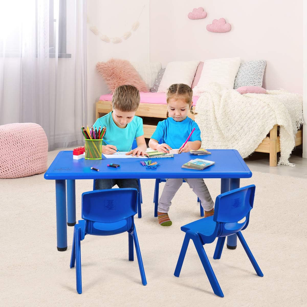 Costzon 47 x 23.5 Inch Rectangular Kids Table, Children School Activity Table for Reading Drawing Dining Playing, Multifunctional Plastic Table w/Steel Pipe, Toddler Furniture for Boys & Girls (Blue)