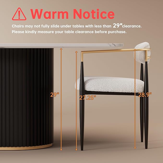 Morden Fort Modern Dining Chairs Set of 2, Upholstered Boucle Dining Chairs with Gold Arms and Black Metal Legs for Kitchen, Living Room and Apartment