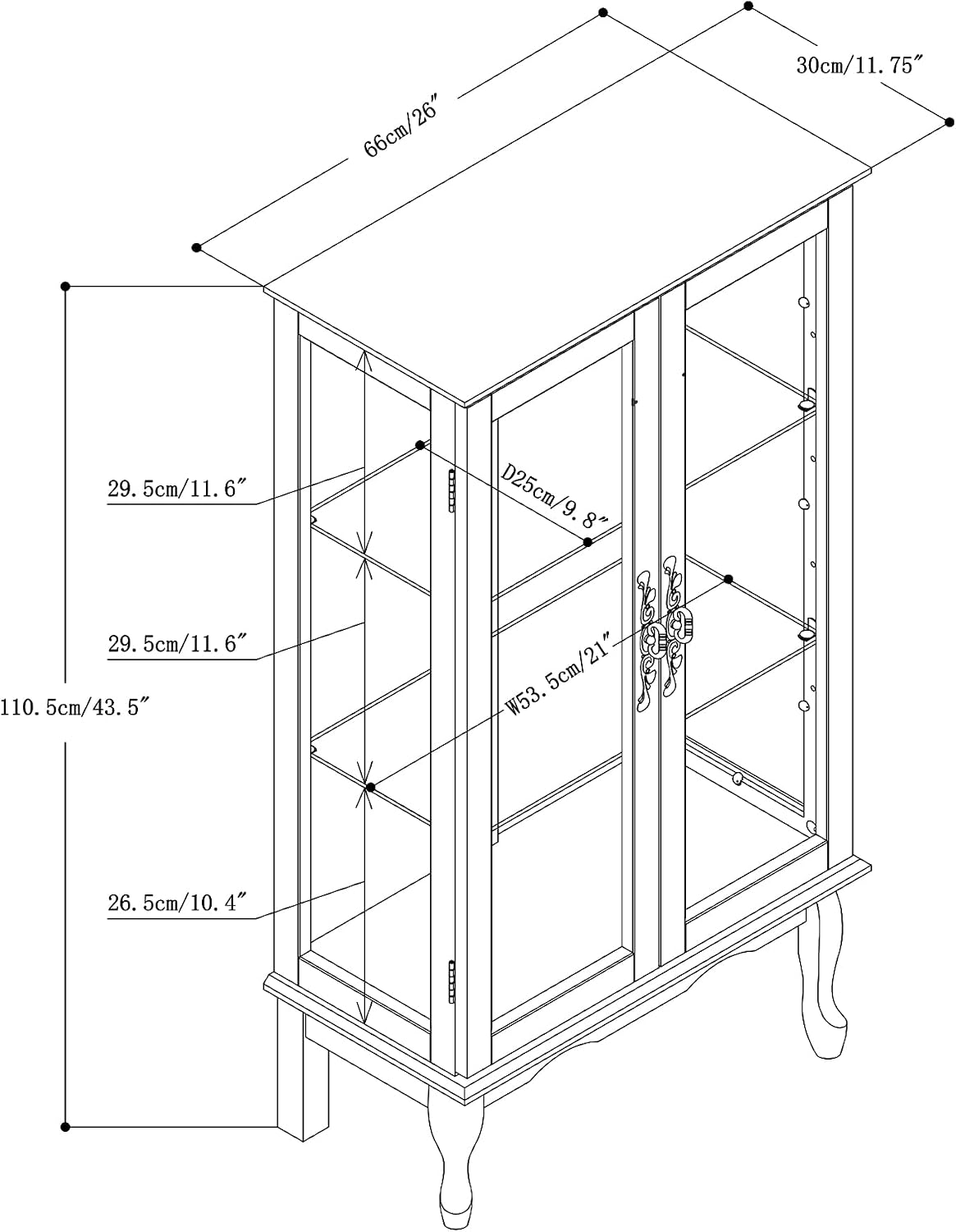 Vintage Lighted Curio Cabinet with Glass Doors & Shelves, Mirrored Back | 3-Side Tempered Glass, Adjustable Shelves, Mirrored Back Panel, Built-in Lighting, Vintage Display Case, Home Office, White