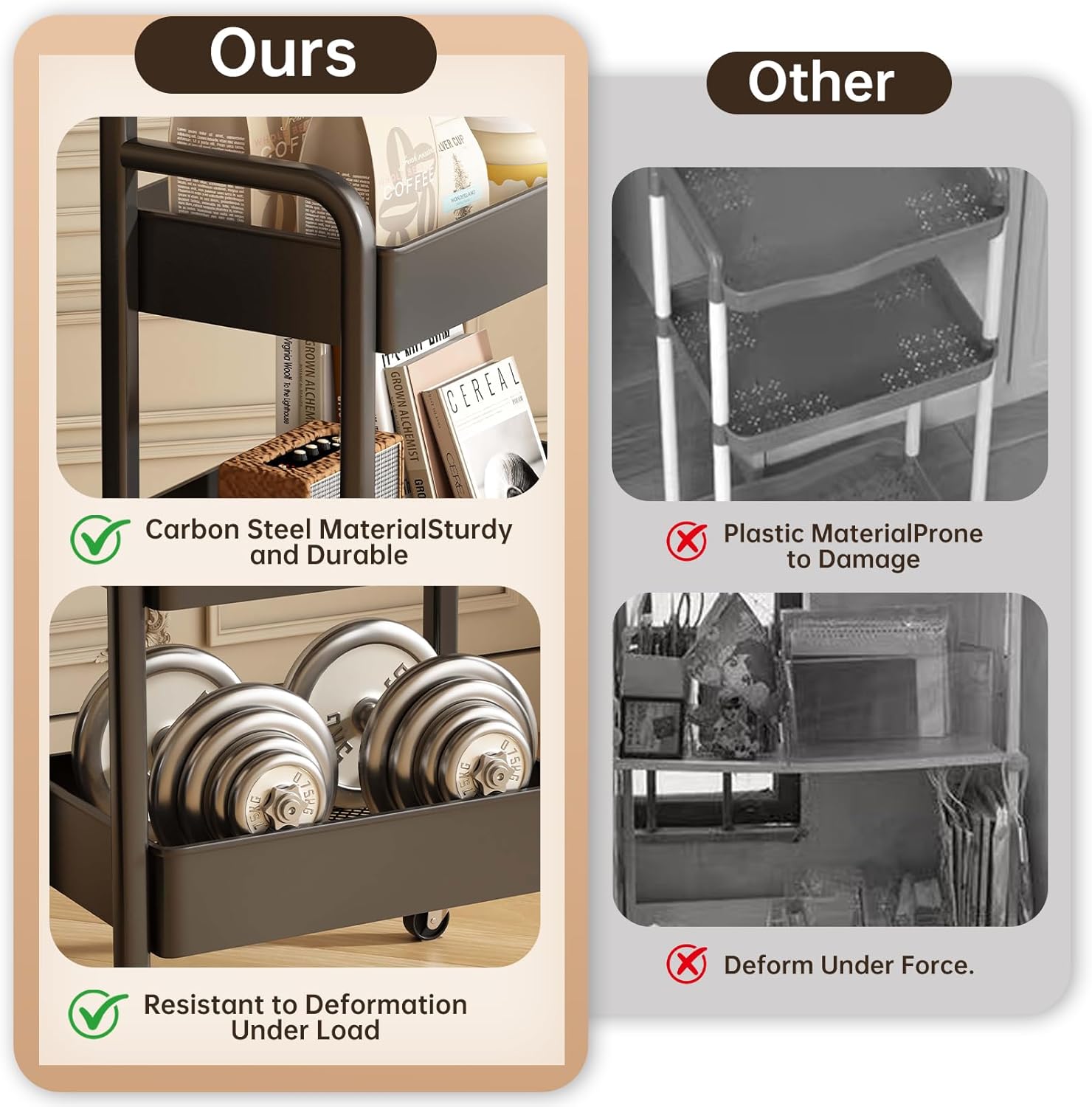3 Tier Metal Rolling Utility Cart Organizer with Walnut Table Top, Stable and Sturdy Rolling Storage Carts with 2 Lockable Wheels for Kitchen，Bathroom，Snacks，Coffee，Craft，Makeup，Baby Essentials