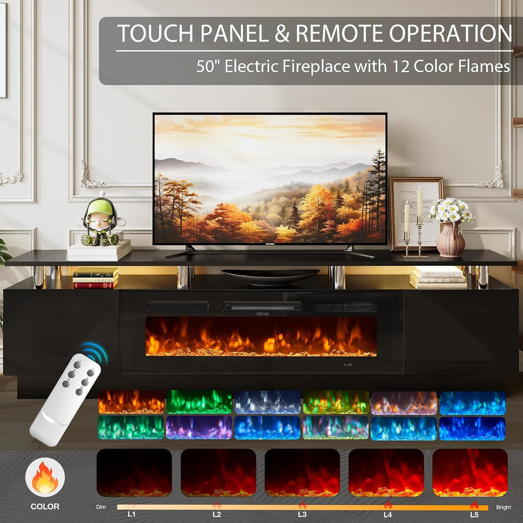 90" Fireplace TV Stand, 2-Tier LED Entertainment Center with 50" Fireplace, Fits TVs up to 100", Modern High Gloss TV Console with LED Lights & Storage Cabinets for Living Room, Black + Black