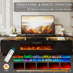 90" Fireplace TV Stand, 2-Tier LED Entertainment Center with 50" Fireplace, Fits TVs up to 100", Modern High Gloss TV Console with LED Lights & Storage Cabinets for Living Room, Black + Black