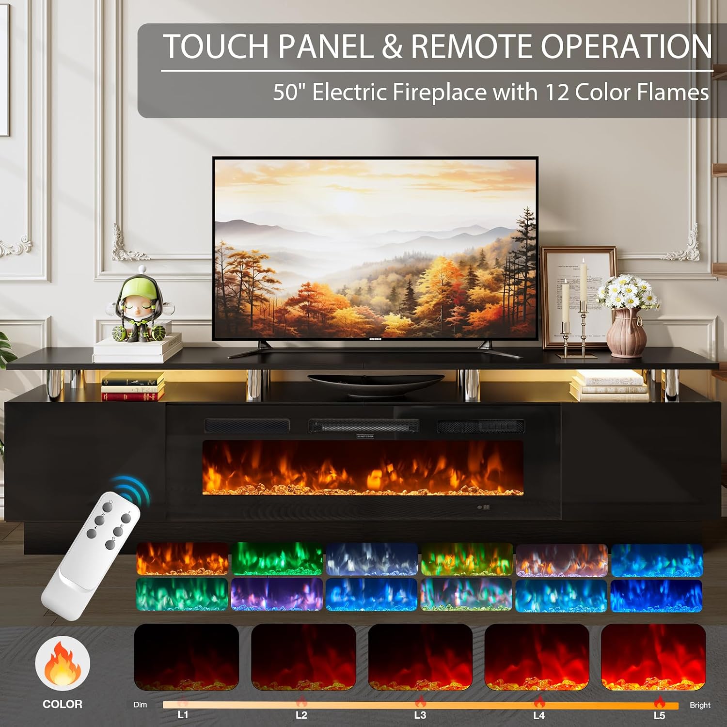 90" Fireplace TV Stand, 2-Tier LED Entertainment Center with 50" Fireplace, Fits TVs up to 100", Modern High Gloss TV Console with LED Lights & Storage Cabinets for Living Room, Black + Black