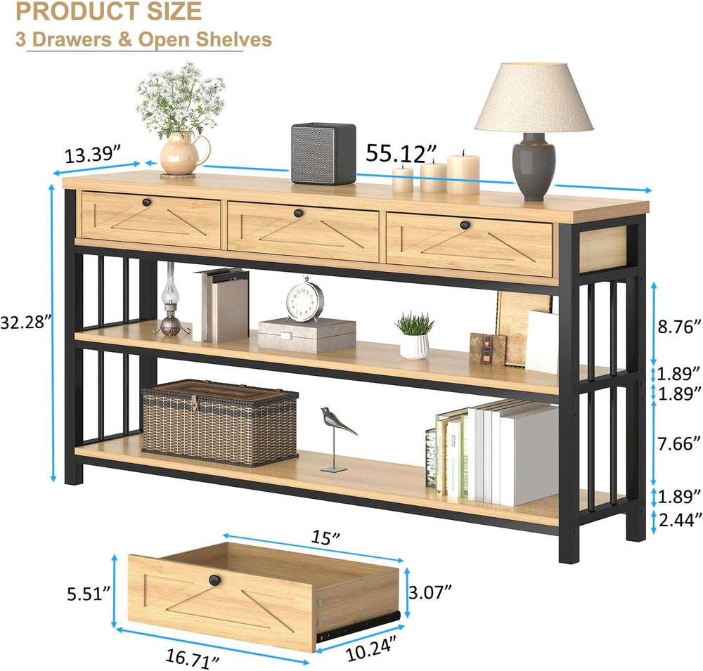 HSH Sofa Table with Storage, 55” Wood Entryway Table with 3 Drawers, 3 Tier C...