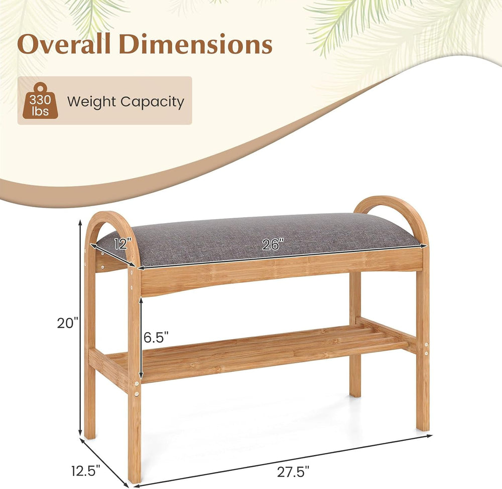 Giantex Shoe Rack Bench, Bamboo 2-Tier Entryway Bench with Padded Cushion, Sh...
