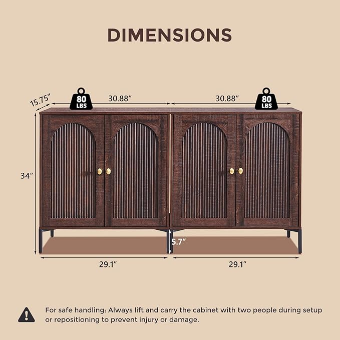 Modern TV Stands for 75 Inch tvs, 61.75‬"W Wood Entertainment Center w/Adjustable Shelves, Mid Century Modern TV Stand w/Arched Fluted Doors, Media Console Cabinet for Living Room, Brown