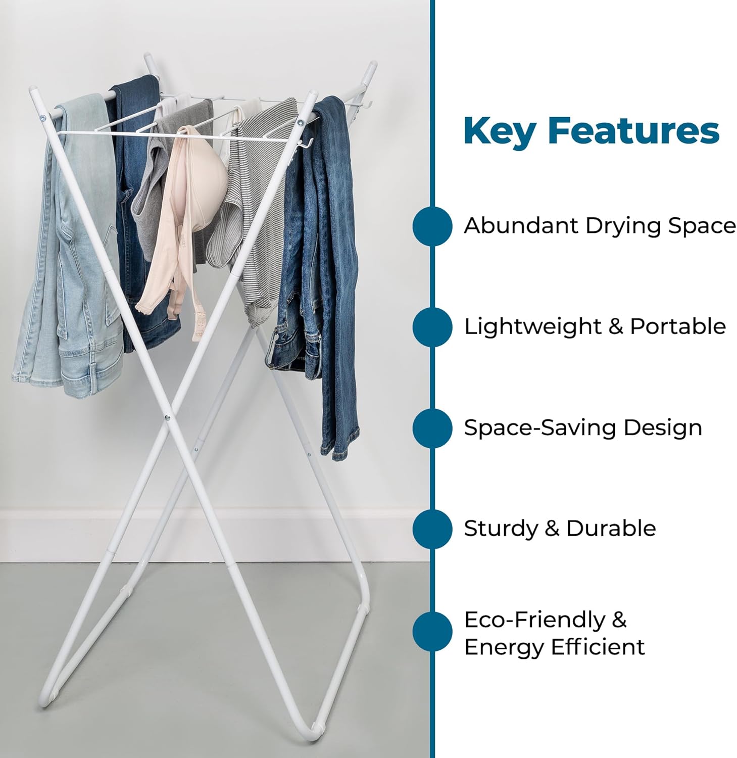 Honey-Can-Do Easy-Fold Collapsible Clothes Drying Rack, Sturdy Metal Laundry Rack Holds 40 lbs, Space-Saving Foldable Towel Rack for Indoor Outdoor Use, Non-Skid Feet, White