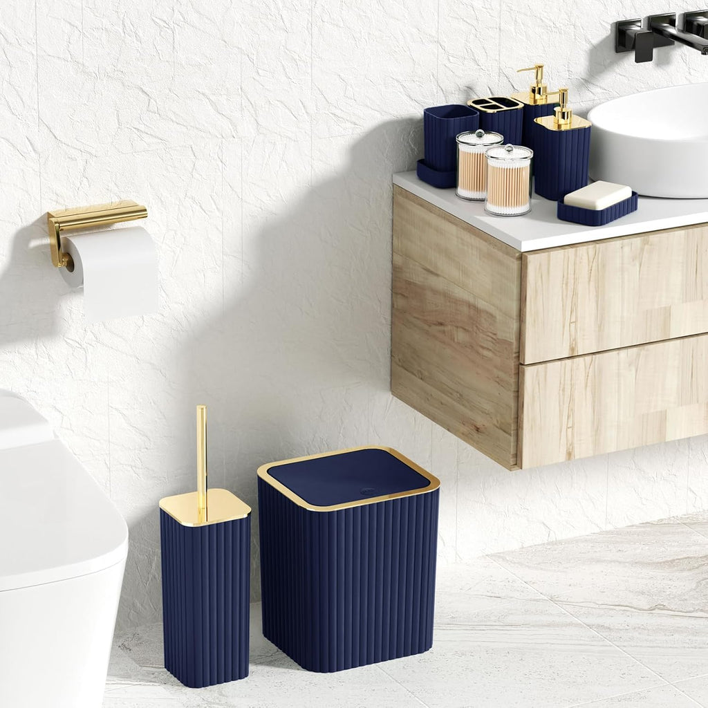 Bathroom Set with Shower Curtain and Rugs- 25PC Blue Bathroom Accessory Set, Navy Blue Shower Curtain Set, Toilet Brush, Trash Can, Qtip Holder Dispenser & Soap Dispenser