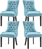 Upholstered Dining Chairs with Arms, Set of 2, Dining Room Chairs with Solid Wood Legs and Tufted Backrest(Linen+Blue)