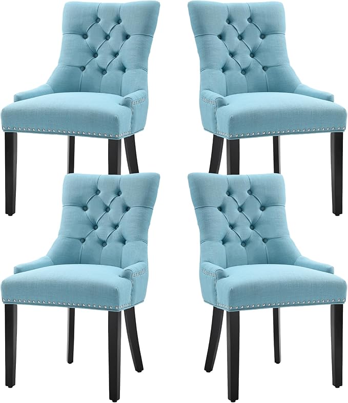 Upholstered Dining Chairs with Arms, Set of 2, Dining Room Chairs with Solid Wood Legs and Tufted Backrest(Linen+Blue)
