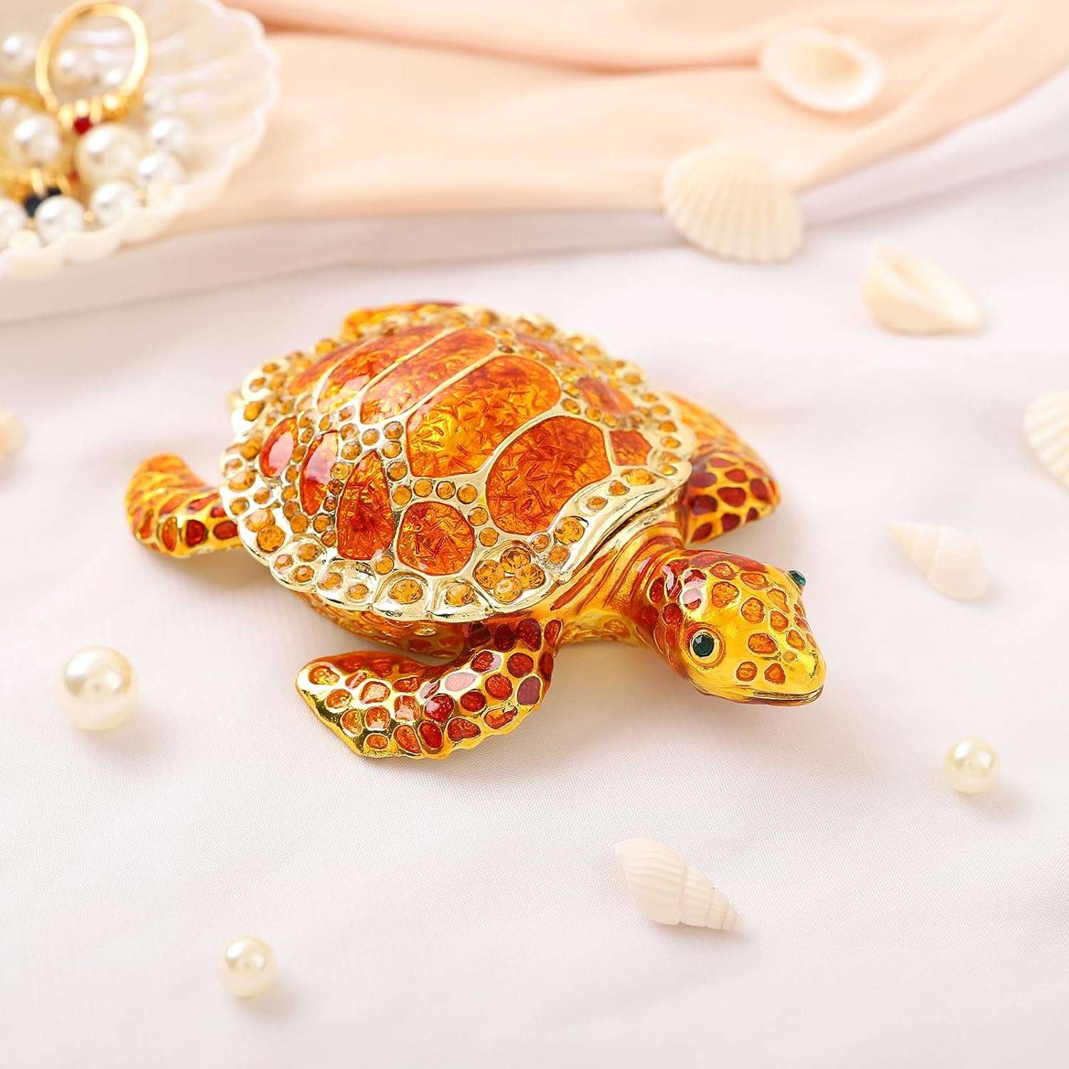 QIFU Hand Painted Orange Turtle Style Enamel Trinket Box Hinged, Elegant Jewelry Box to Store Your Ring or Earring in Style