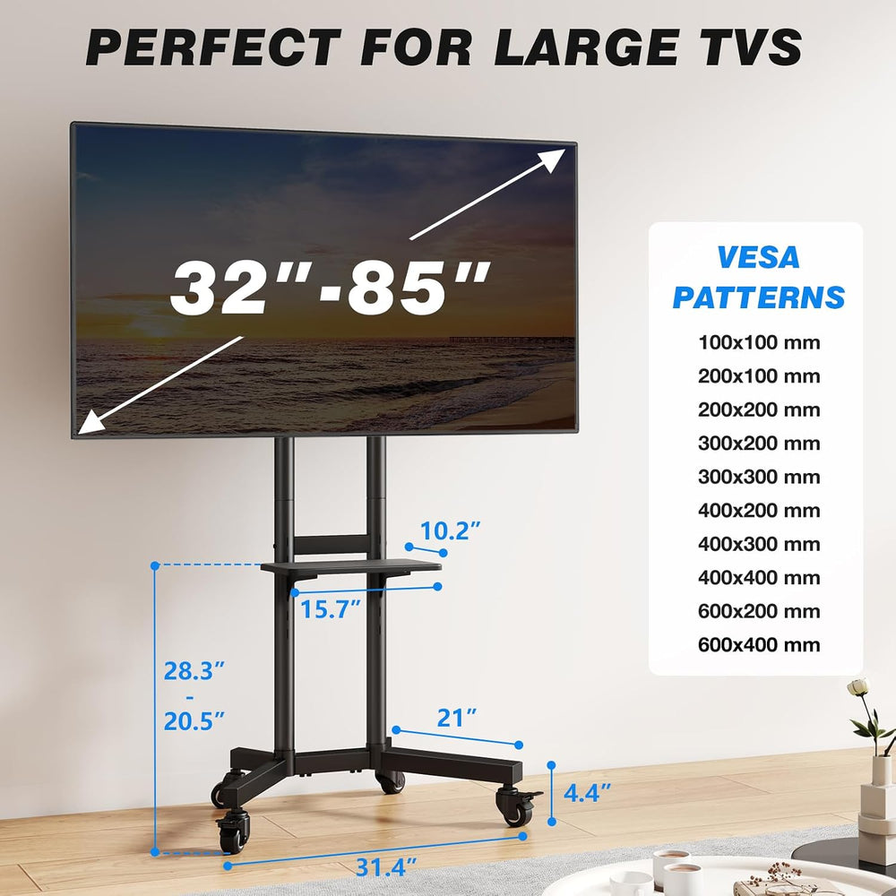 Rolling TV Stand with Shelf for 32-85 inch TVs up to 150lbs, Portable Mobile ...
