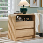 25" Tall Modern Nightstand with Charging Station, 23.6'' Wide Wood Bedside Table w/2 Storage Drawers, Large Mid Century End Table for Bedroom, Living Room, Curved Profile Design,Natural Oak