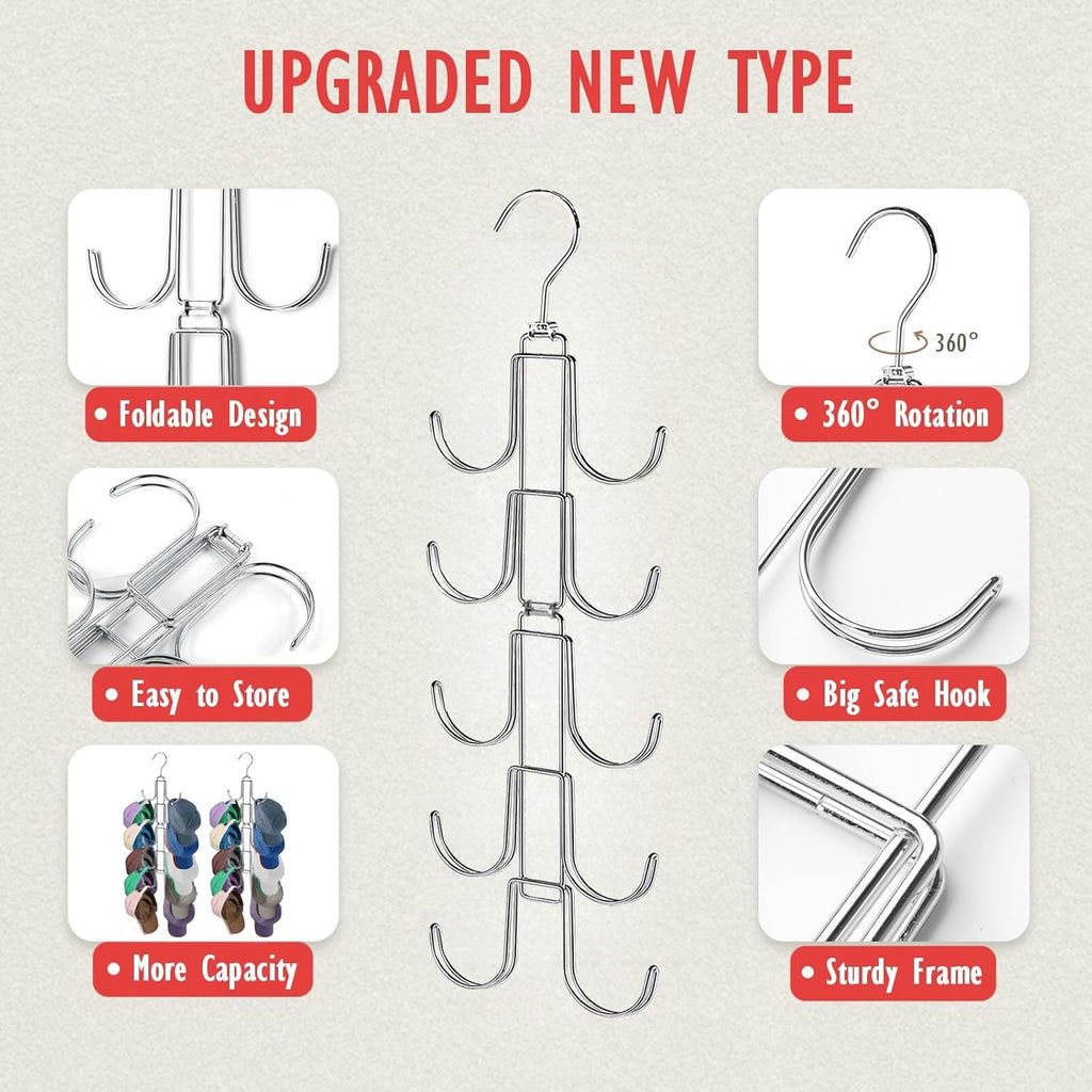 Hat Organizer for Closet, Collapsible Caps Rack with 10 Rotatable Large Hooks, Holds Up to 40 Baseball Caps, Metal Space Saving Hat Hanger for Display, Storage and Closet Organizers, Silver