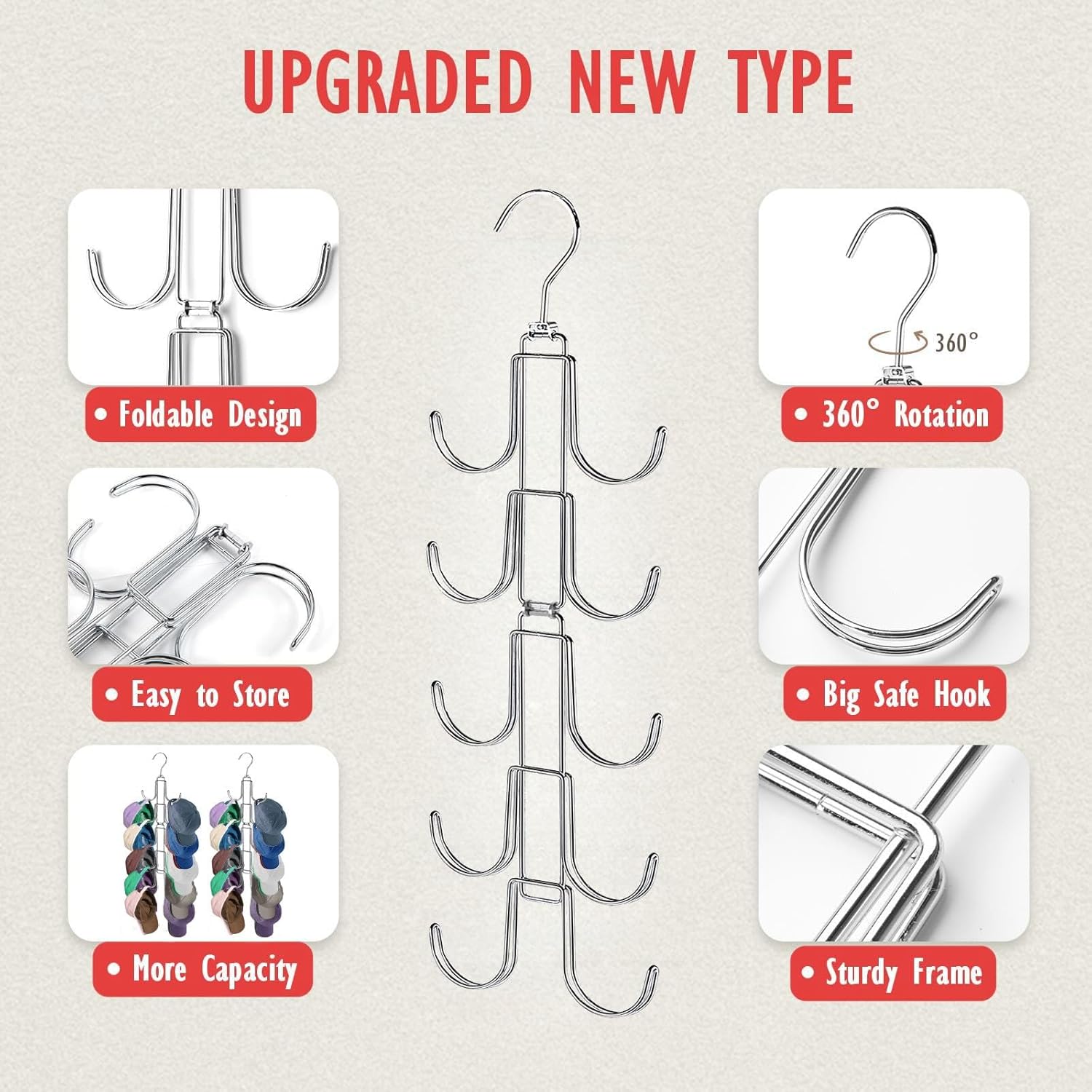 Hat Organizer for Closet, Collapsible Caps Rack with 10 Rotatable Large Hooks, Holds Up to 40 Baseball Caps, Metal Space Saving Hat Hanger for Display, Storage and Closet Organizers, Silver