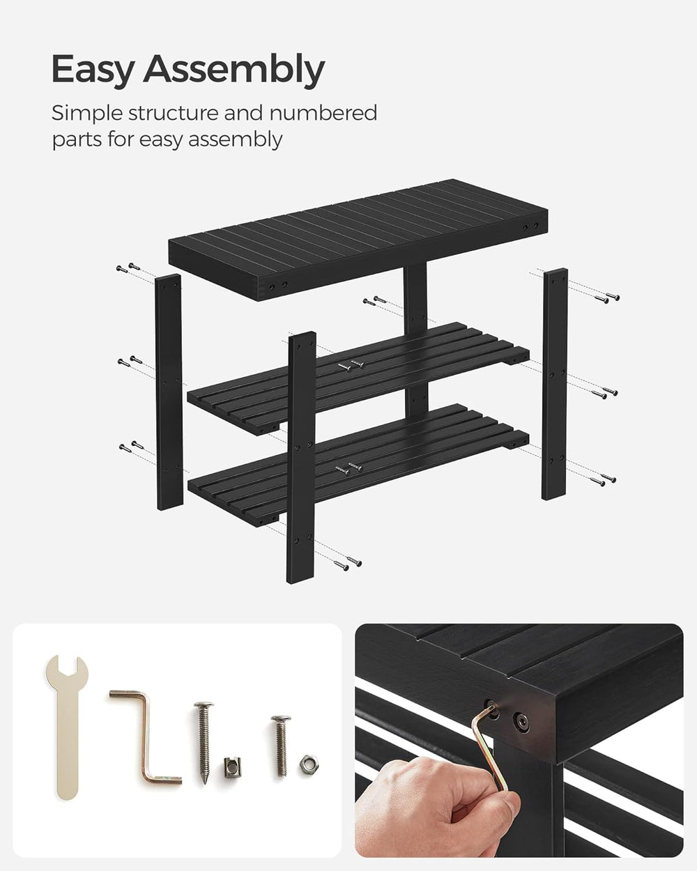 SONGMICS Shoe Rack Bench, 3-Tier Bamboo Shoe Storage Organizer, Entryway Benc...