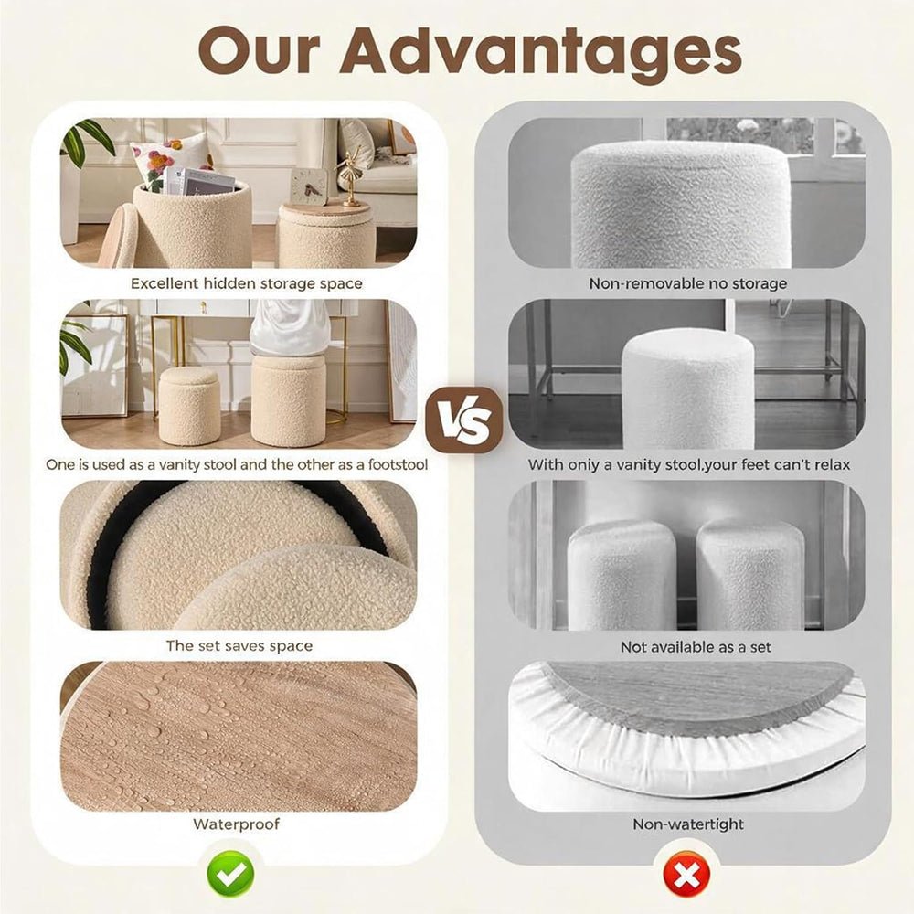 YYW HOME Round Storage Ottoman for Living Room, Beige Ottoman Set of 2