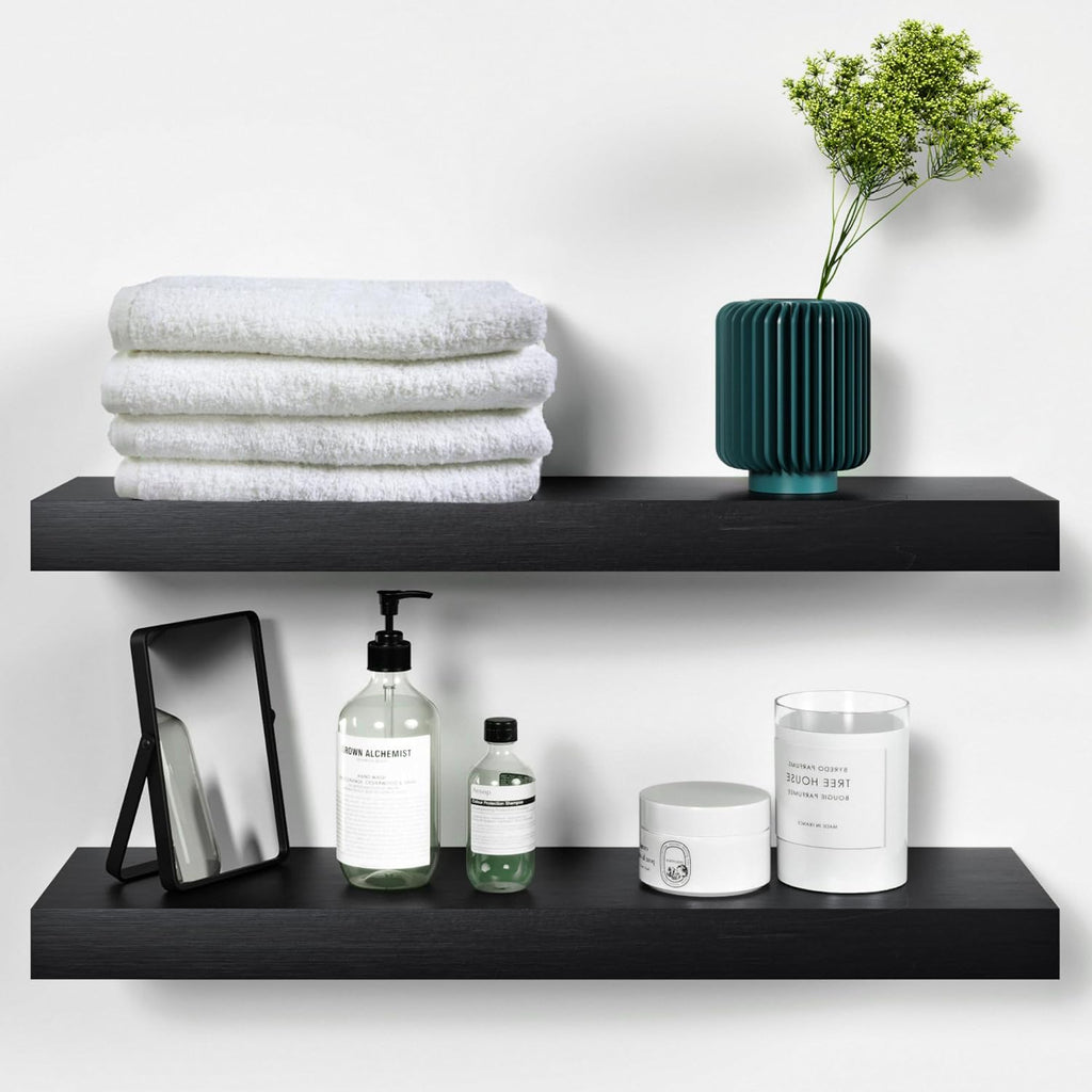 Homeforia Black Floating Shelves 24 inch, High End Solid Real Wood 24inch Bathroom Floating Shelf for Wall Mounted, Black Wooden 24in Floating Shelves, Heavy Duty Bracket, 24 X 6.5 X 1.75 in, Set of 4
