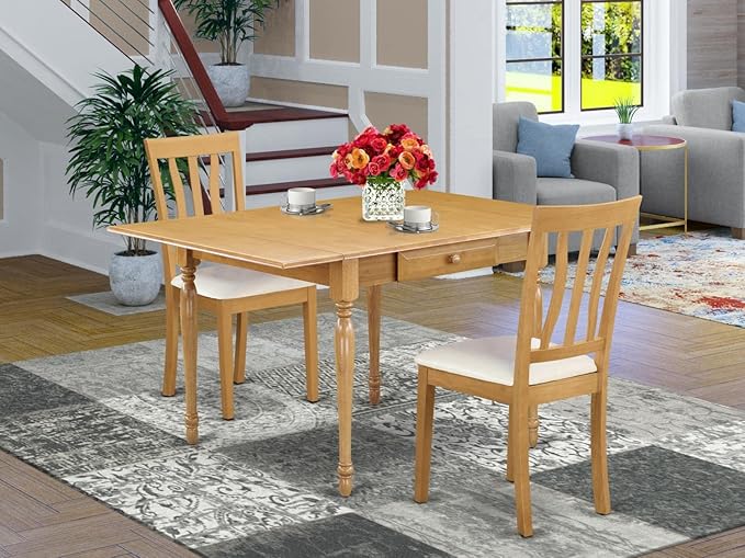 East West Furniture MZAN3-OAK-LC 3 Piece Kitchen Table & Chairs Set Contains a Rectangle Dining Table with Dropleaf and 2 Faux Leather Dining Room Chairs, 36x54 Inch, Oak