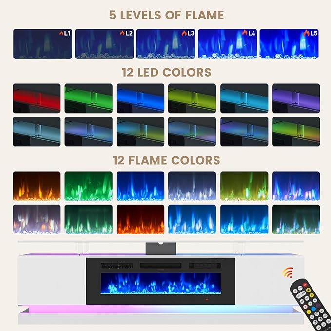70" Fireplace TV Stand, Modern Entertainment Center for TVs Up to 80”, TV Console with Storage Cabinets, Media Console for Living Room, White TV Stand and Black Fireplace