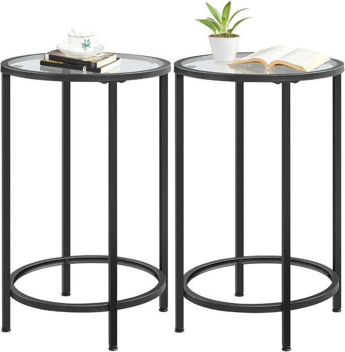 Yaheetech 16'' Round Glass End Tables Set of 2, Black Metal Open-Frame Base