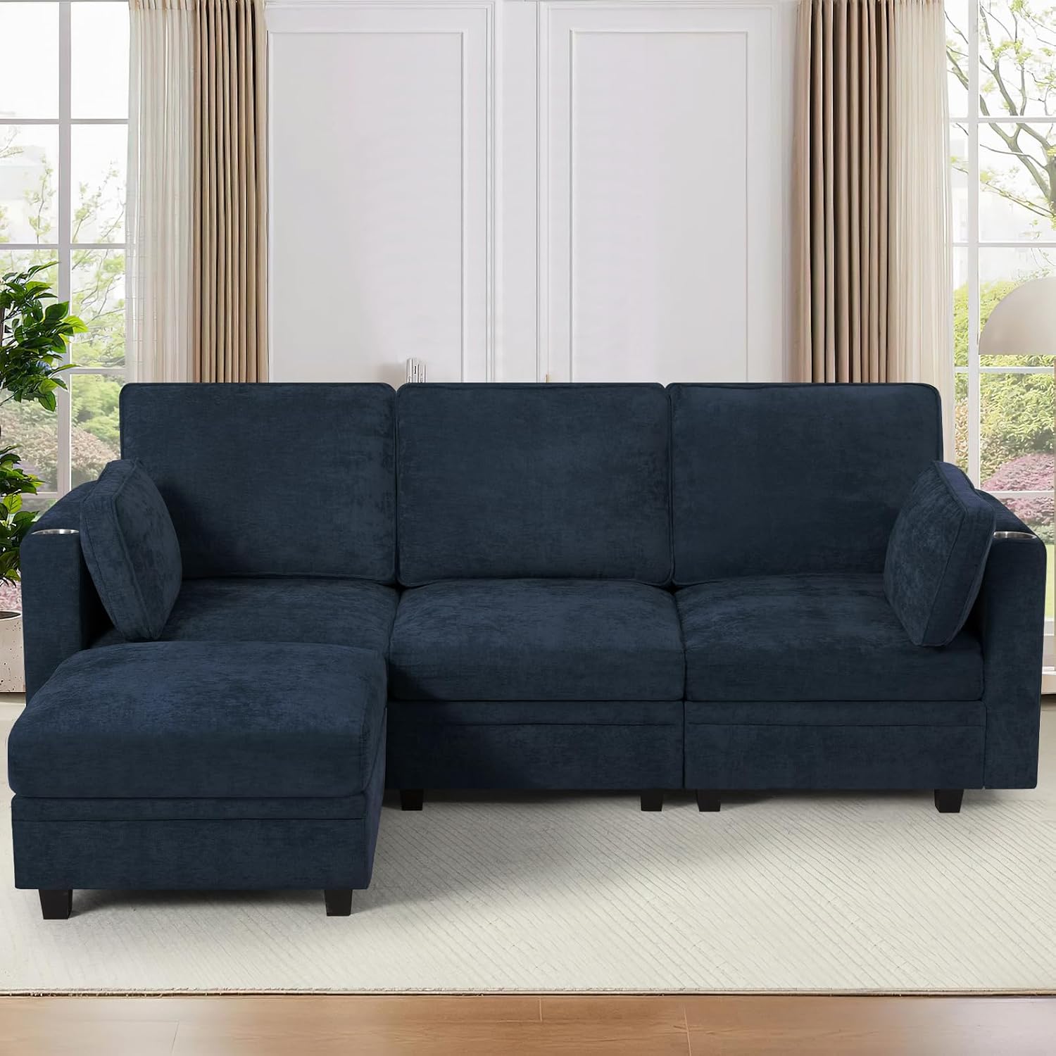 86" Chenille L-Shape Sofa w/& Adjustable Backrests, Blue | Upholstery 3-Seats Sofa w/Movable Storage Ottomans & Cup Holders, Modern Sectional Couch w/Charging Ports for Living Room