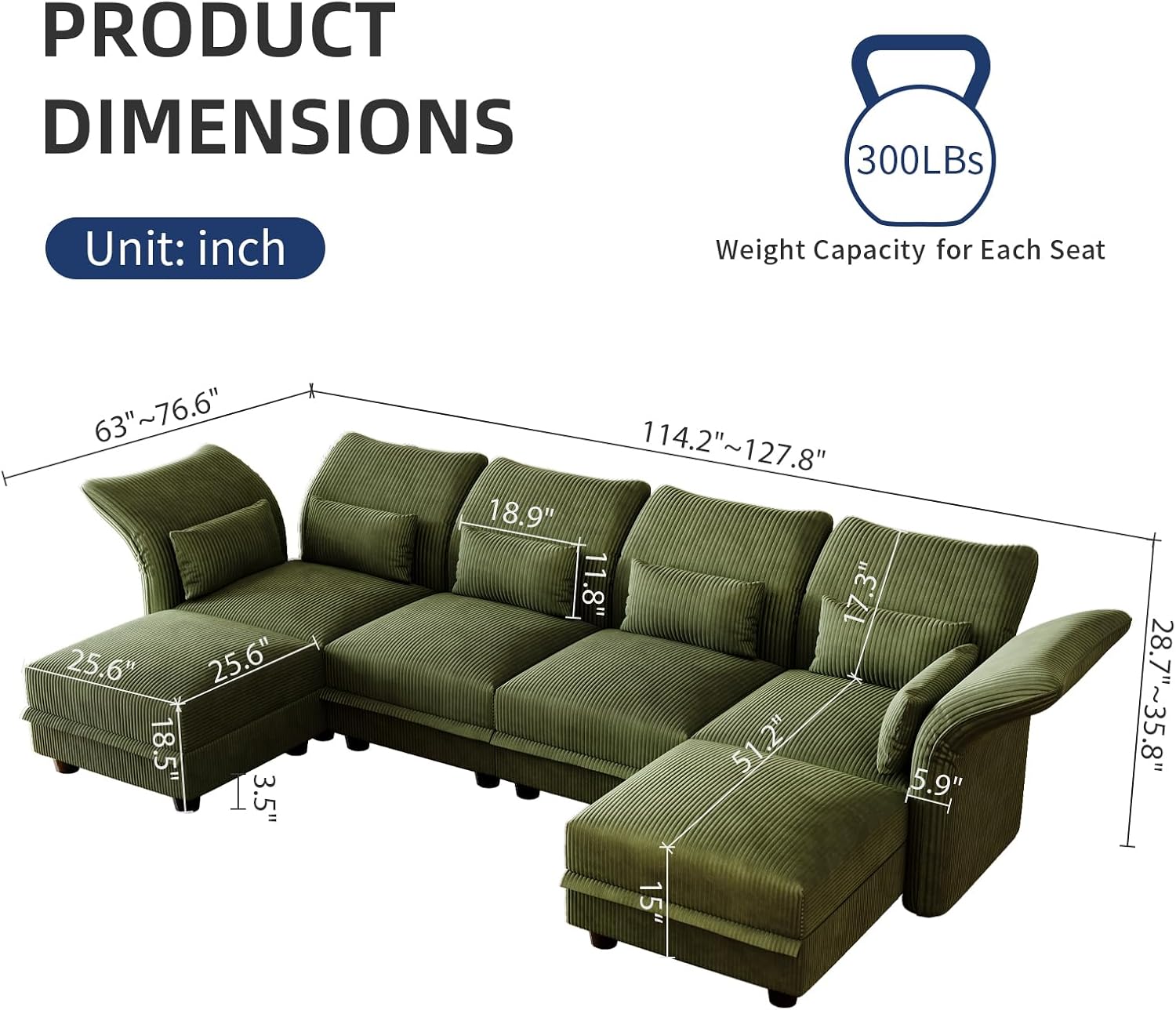 LLappuil U Shaped Sectional Sofa with Storage, 6 Seat Green Corduroy | Adjustable Backrests & Arms, Extra Deep Seat Cushions, OEKO-TEX Certified Fabric, Solid Wood Frame + 35D Foam