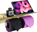 LANC Double Toilet Paper Holder with Shelf, Brushed Gold Commercial Roll Tissue Dispenser with Phone Shelf for Bathroom Wall Mounted or 3M Self-Adhesive Stainless Steel Storage, A8377BG