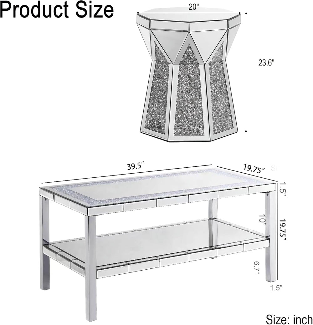 Silver Mirrored 3 Piece Living Room Table Set, Modern 2 Tier Rectangle Center...