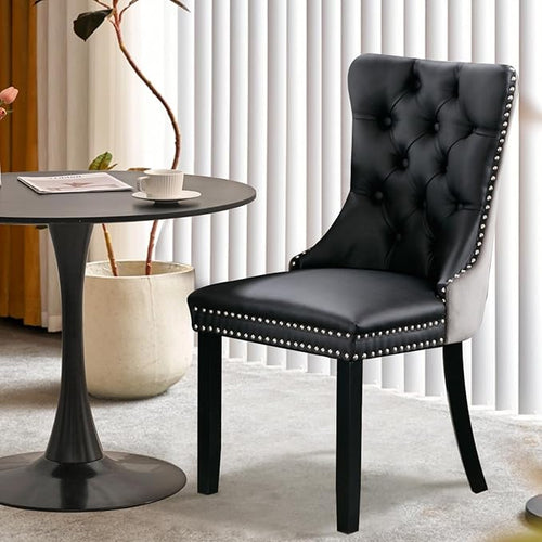 3-Pieces 31.5" Round Dining Table Set for 2, Black Dining Table & PU & Velvet Upholstered Dining Chairs Set of 2 for Kitchen Dining Room Apartment Small Space(Black & Grey Chairs)