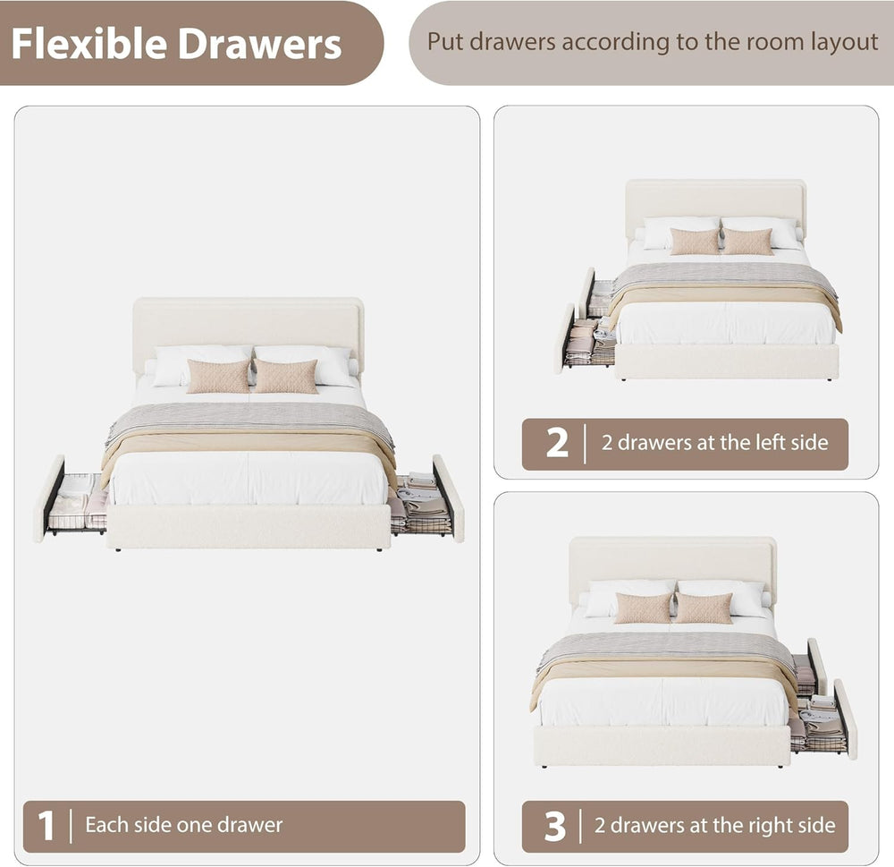 GarveeHome Queen Size Bed Frame with 2 Storage Drawer, Cream Beige