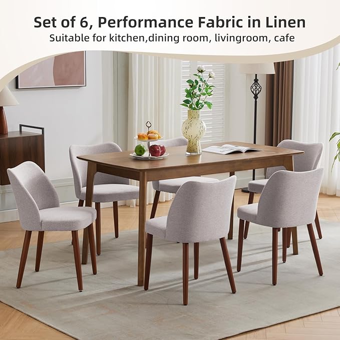 Dining Chair Set of 2, Linen Upholstered Dining Chair with Wood Legs, Wing Backrest, Wooden Kitchen Chair, Kitchen Chairs with Thick Cushions for Dining Room, Living Room, Light Grey
