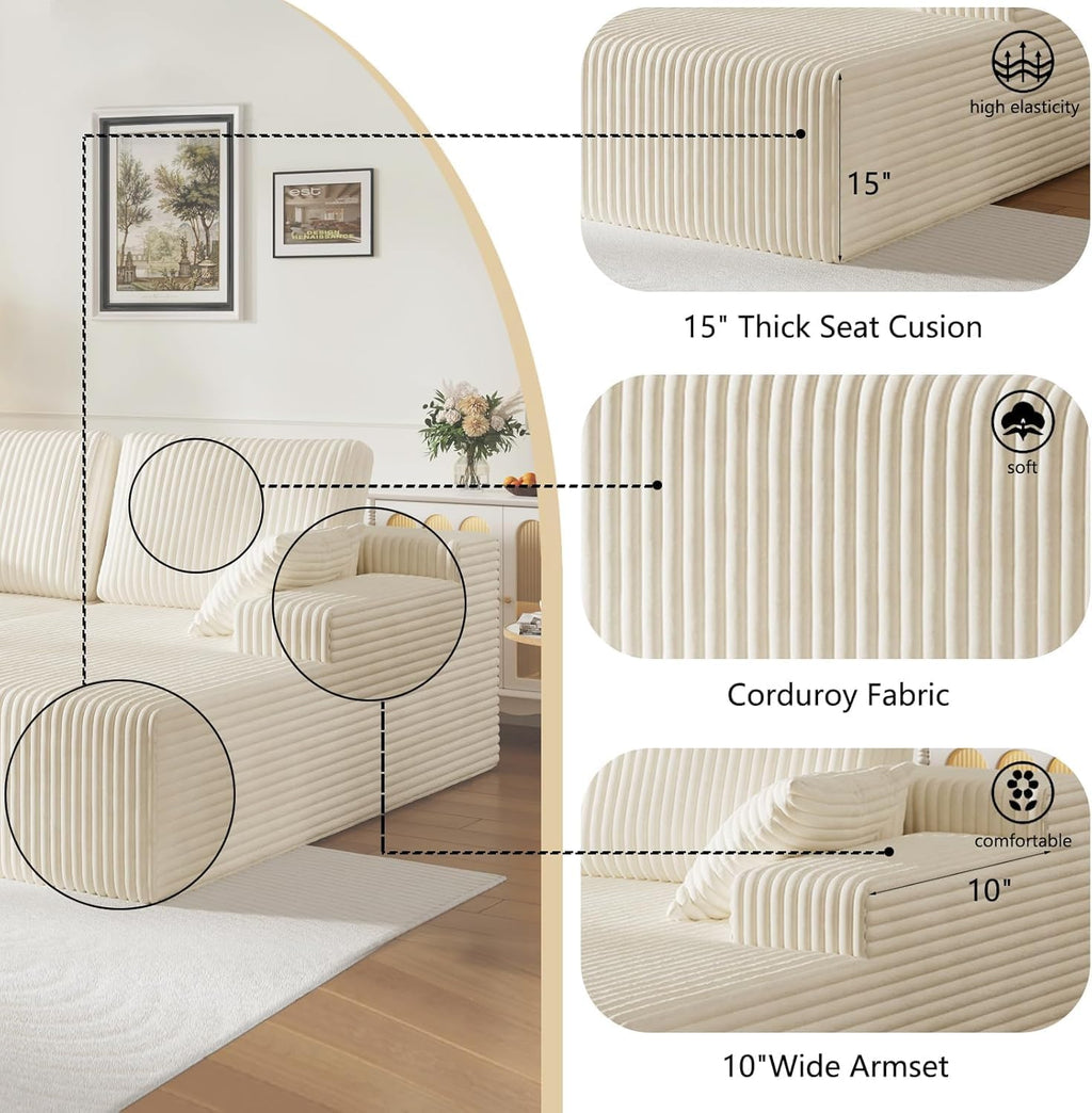 37.4" Oversized Chaise Longue Round Chair Indoor Living Room Boneless Giant Bean Bag Chair for Adults Corduroy Big Accent Sofa Floor Sofa Relax No Assembly (White, Loveseat Chaise)