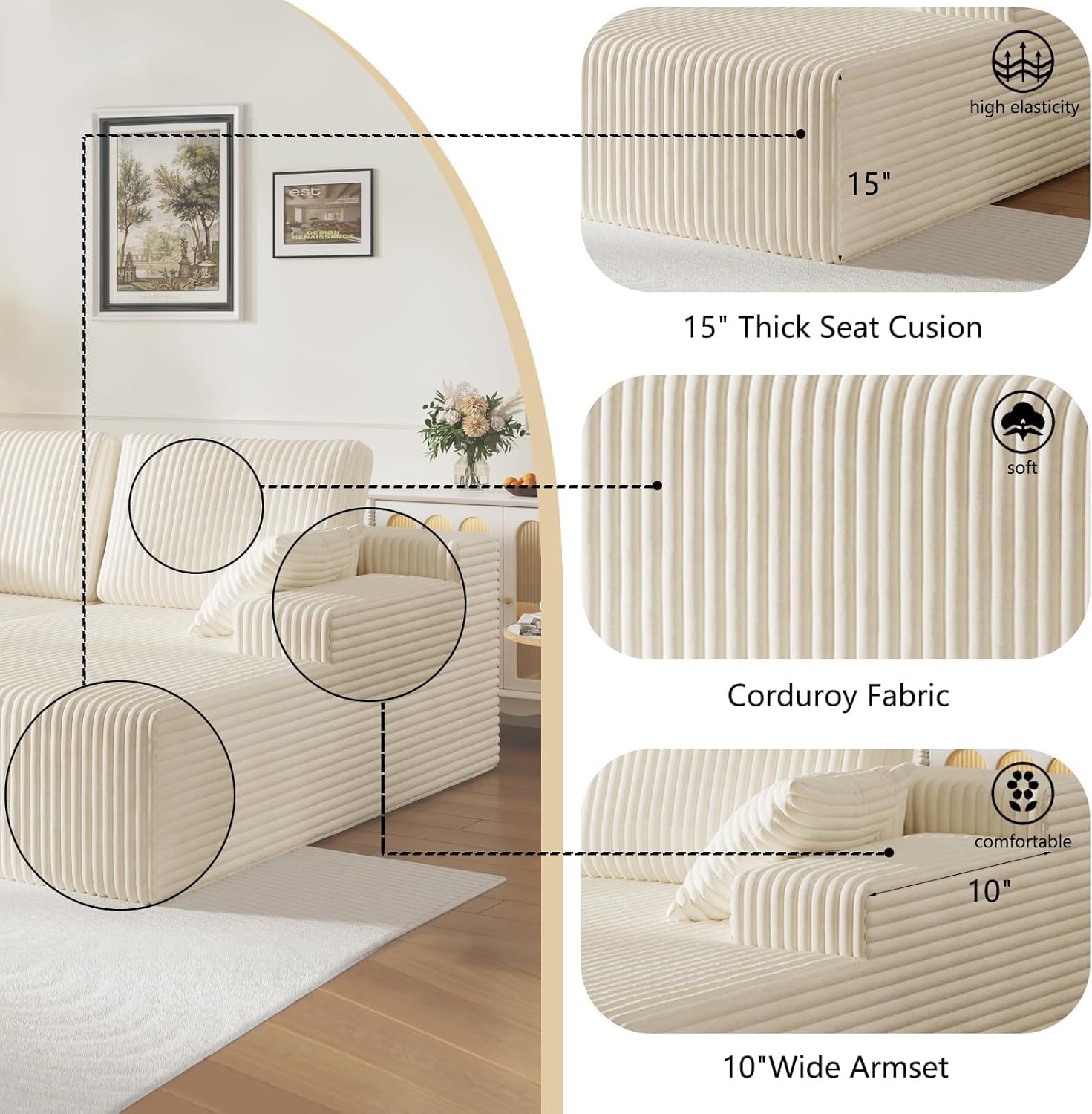 37.4" Oversized Chaise Longue Round Chair Indoor Living Room Boneless Giant Bean Bag Chair for Adults Corduroy Big Accent Sofa Floor Sofa Relax No Assembly (White, Loveseat Chaise)