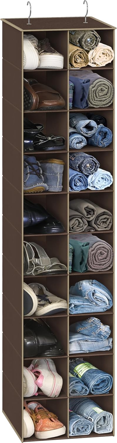 Simple Houseware 20 Section Shelves Hanging Shoes Organizer, Brown | Dual Metal Hooks, 10 Tier, Holds Up to 20 lbs, for Narrow Space