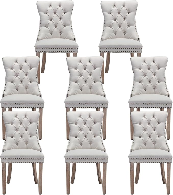 Linen Upholstered Dining Chairs Set of 8, Modern Style Kitchen Side Chairs with Nailhead Trim and Wood Leg, Metal Pulling Ring for Dining Room Living Room