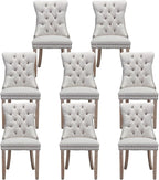 Linen Upholstered Dining Chairs Set of 8, Modern Style Kitchen Side Chairs with Nailhead Trim and Wood Leg, Metal Pulling Ring for Dining Room Living Room