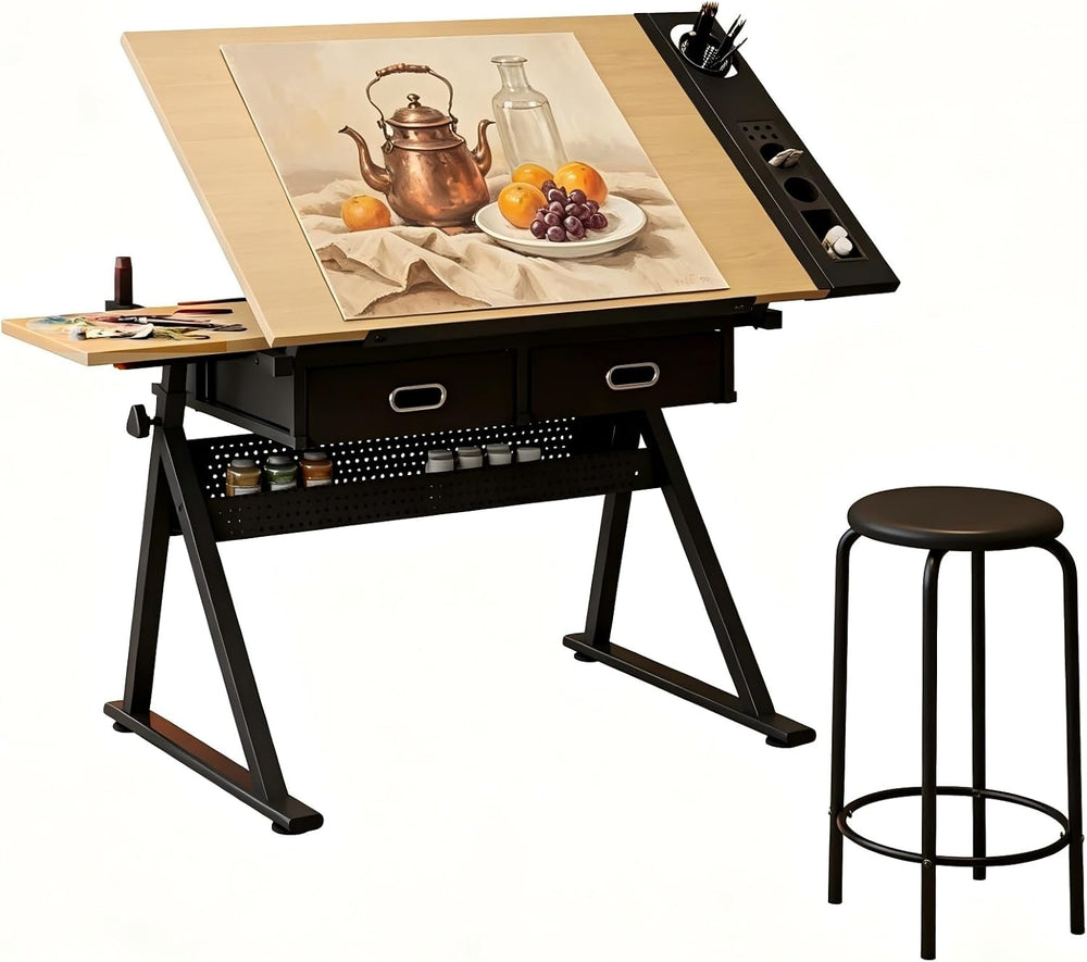 Height Adjustable Drafting Table, 0-75° Tilting Drawing Table Art Desk | Wood...