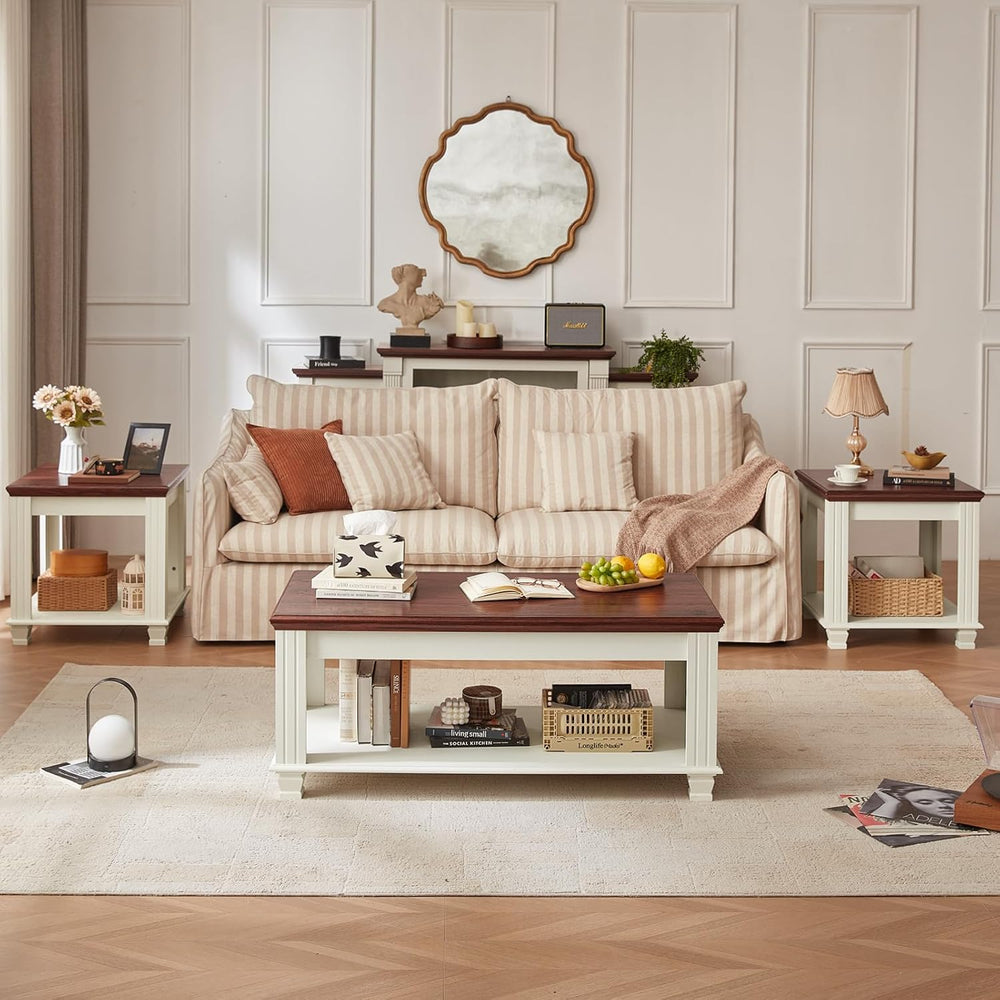 SAVOR LIFE Farmhouse Coffee Table Set of 3, White | Rustic Wood 3 Piece Coffe...