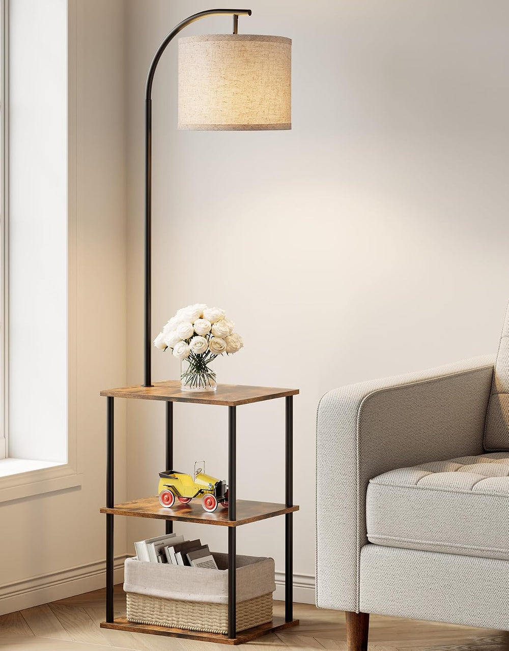 PARTPHONER Floor Lamp with Table, Night Stand with Lamp, Narrow Side Table wi...