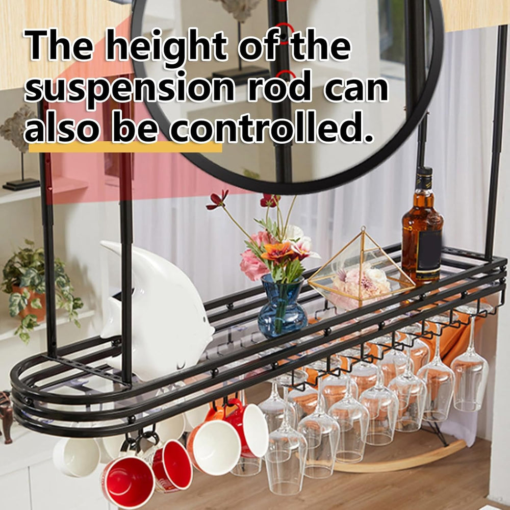 Adjustable Hanging Wine Rack, Metal Ceiling Shelf Cafe Cups, Retro Rustic for...