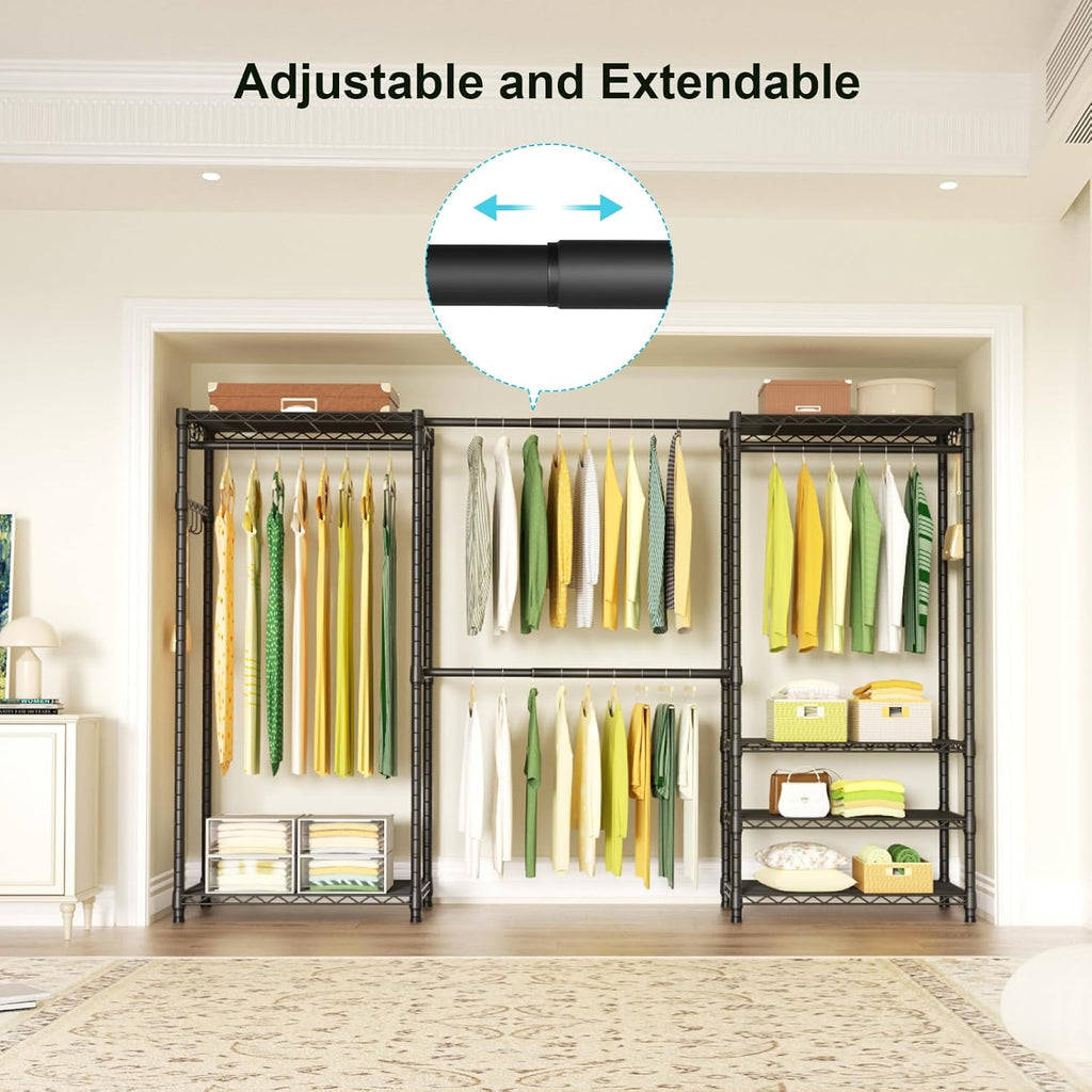 Ulif E1 Heavy Duty Closet Garment Rack, 6 Tiers Adjustable Metal Freestanding Expandable Clothing Storage with 4 Hanger Rods, Easy to Assemble Wardrobe, 71.4" H x (70" - 88.2") L x 14" D, Black