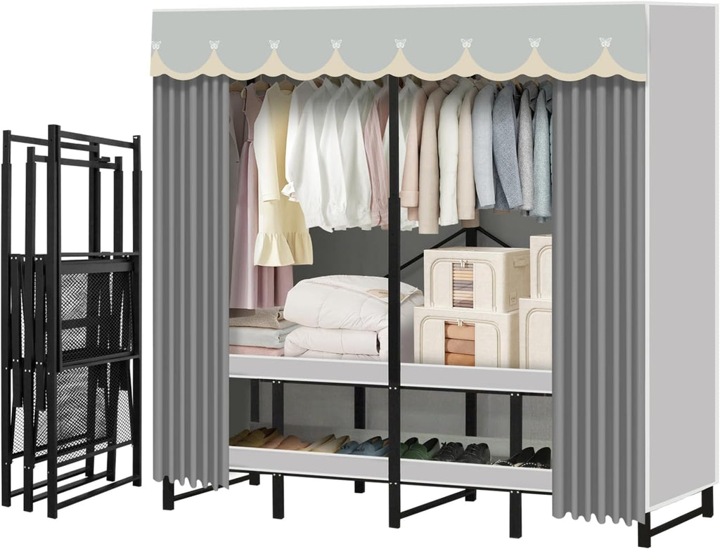 Portable Closet Rack Heavy-Duty Foldable Garment Racks with Cover 1200lbs Enclosed Wardrobe Closet with Independent Area for Hanging Clothes Storaging of Bedding (51in*20in*67in)