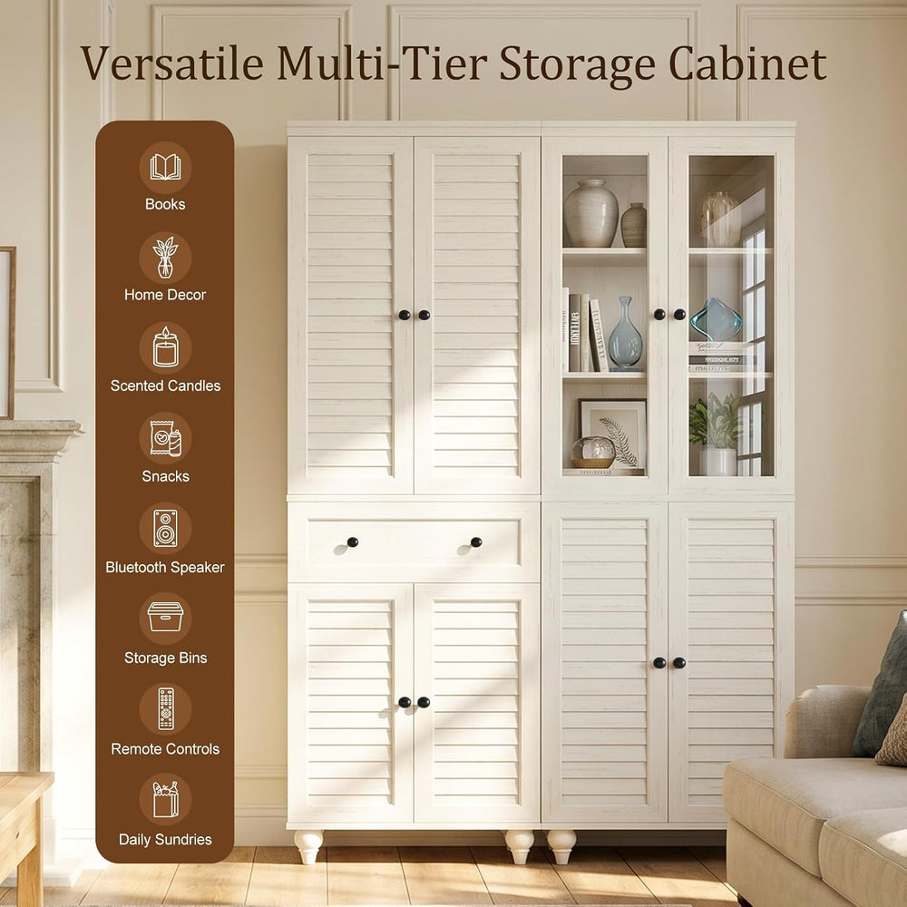 80" Kitchen Pantry Cabinet Set of 2, Farmhouse Storage Cabinets with Gla...