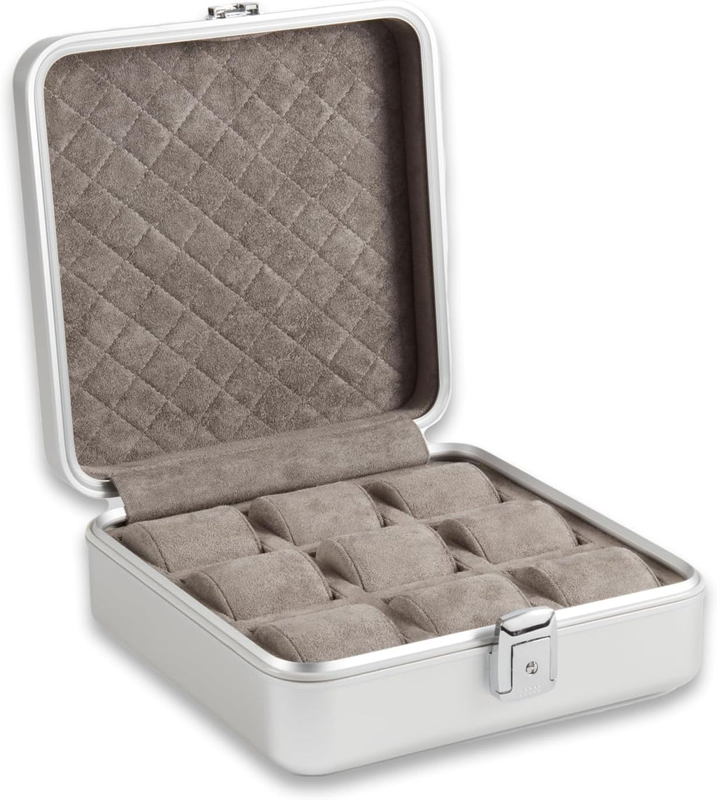 Bey-Berk Personalized Prague Aluminum 9-Slot Watch Case (Silver), Locking Travel Metal Watch Box with Quilted Interior, 9.75" x 3" x 10.25"