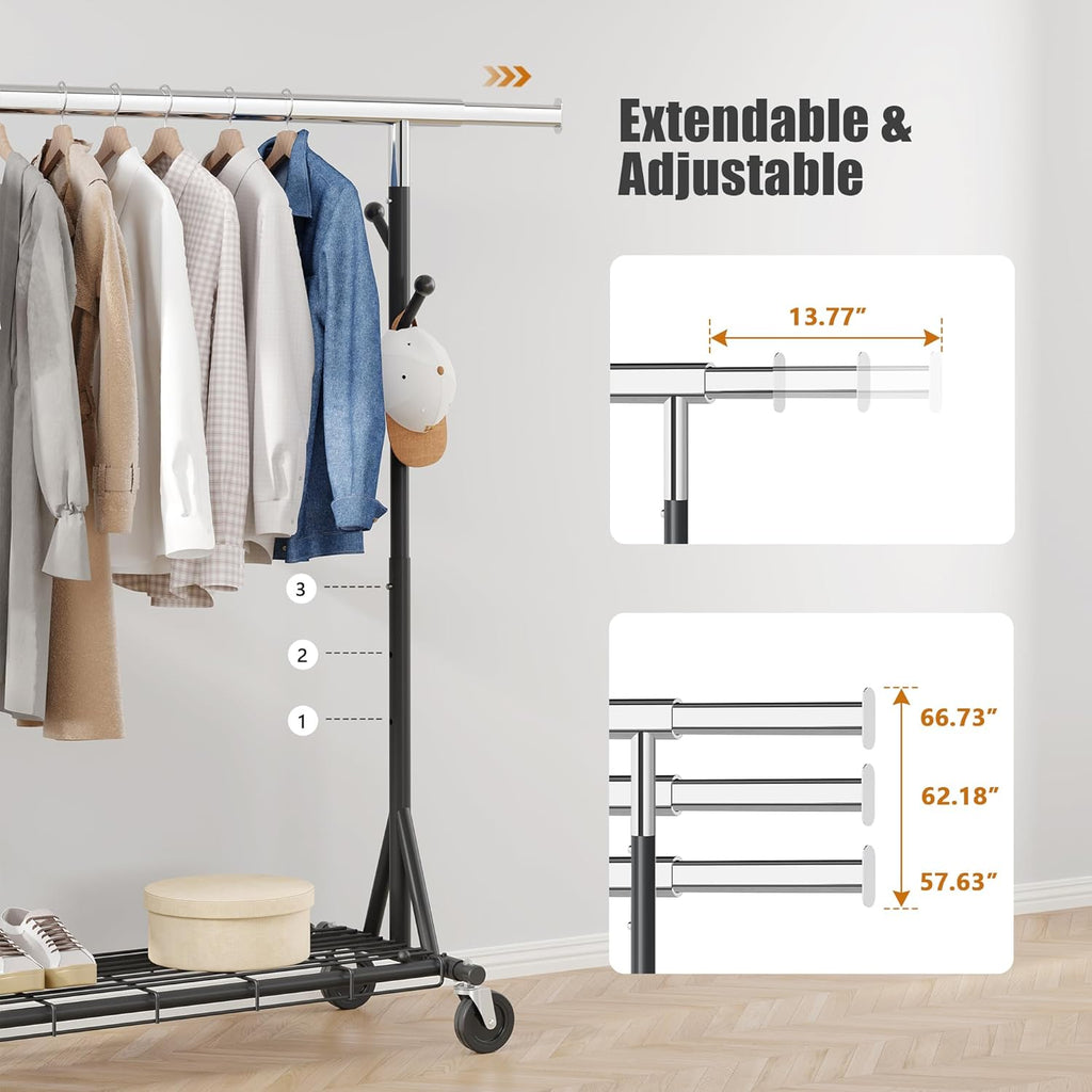 Garment Rack Load 530lbs,Heavy Duty Rolling Clothes Rack With Sturdy Wheel And Shelves, Adjustable Portable Hanging Rack For Clothes, Chrome Stainless Steel, Black