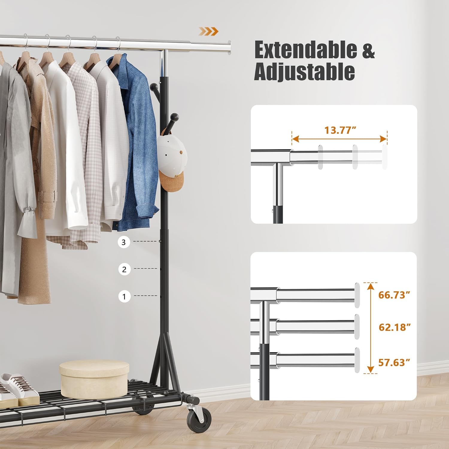 Garment Rack Load 530lbs,Heavy Duty Rolling Clothes Rack With Sturdy Wheel And Shelves, Adjustable Portable Hanging Rack For Clothes, Chrome Stainless Steel, Black