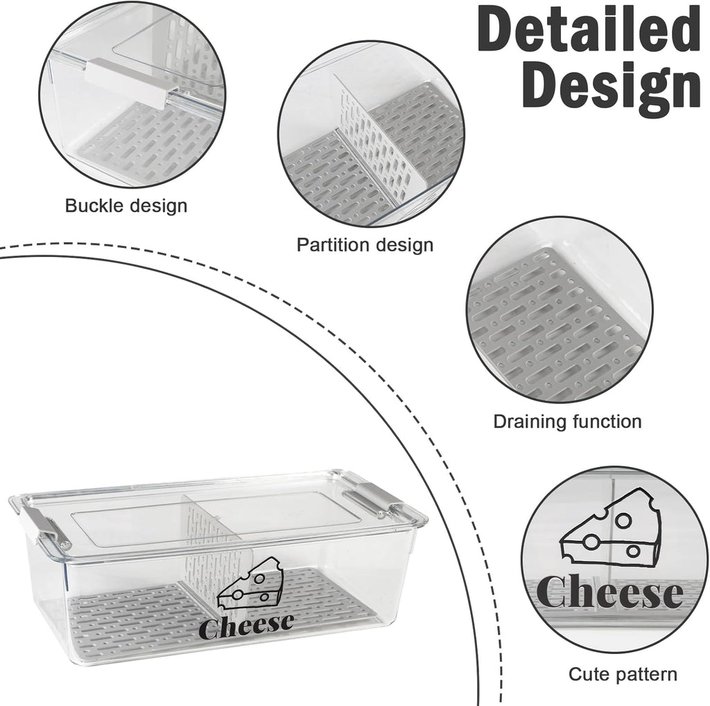 Cheese Container Airtight with Draining Basket Cream Block Cheese Sliced Cheeses Box with Lid for Fridge Shredded Saver 2 Compartment Deli Meat Storage Box,Cheeses Sliced,Grated,Cheddar Keeper